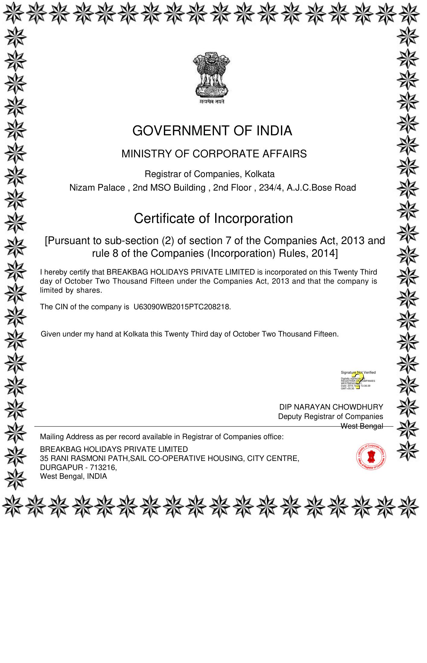Certificate of Incorporation – CIN: U63090WB2015PTC208218